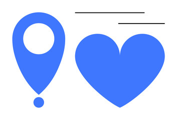Poster - Minimal blue location pin and heart symbol side by side with black lines. Ideal for themes thumbs up navigation, love, connection, relationships, travel, branding concepts, simple landing page