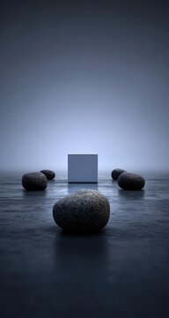 A white cube amidst grey stones, foggy setting