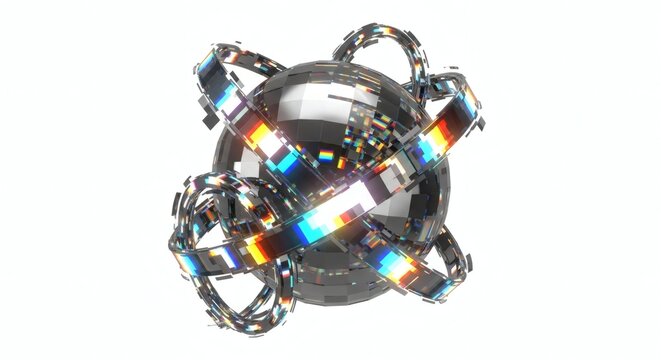 Abstract chrome sphere: A striking close-up of a chrome sphere entwined with reflective geometric bands, showcasing intricate textures and refractions