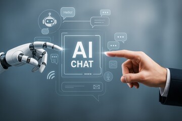 Poster - Human hand and robotic hand interacting with AI chat interface in digital environment with futuristic light effects and technology symbols on background.