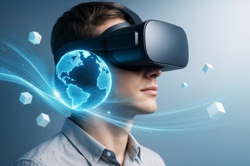 Poster - Man wearing VR headset with digital globe and light streams representing virtual reality and global technology on blue abstract background. Ai generative.