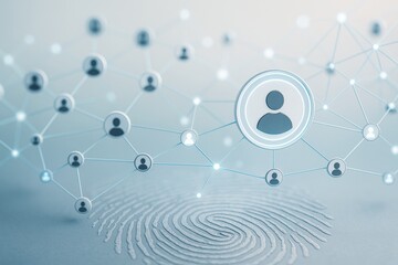 Fototapete - Abstract digital network of user icons connected above fingerprint on light background representing identity and security technology concept.