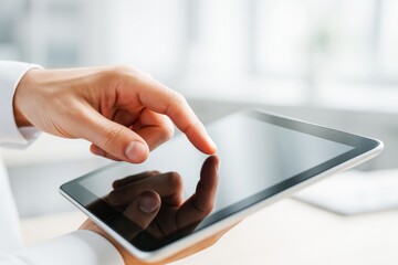 Poster - Close-up of hand using digital tablet device with finger touch on screen, modern technology concept on bright blurred background.