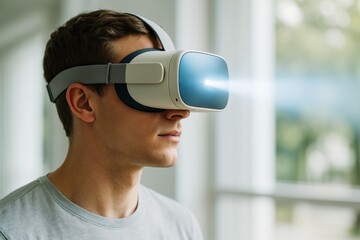Poster - Young man using VR headset with glowing projection in bright room, symbolizing immersive tech experience and innovation in digital environment.