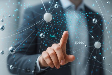 Aufkleber - Businessman interacting with virtual data network interface showing speed and connectivity on futuristic digital background with light nodes.