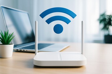 Aufkleber - Wireless internet router with blue Wi-Fi signal icon and laptop on desk in bright modern interior, symbolizing connection and tech innovation.