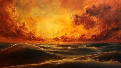 Wall Mural - Vibrant sunset over rolling ocean waves, casting golden reflections, with dramatic clouds in the background