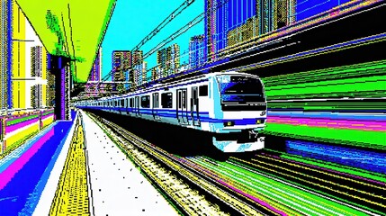 Poster - Vibrant, pixelated train speeding through a city station.
