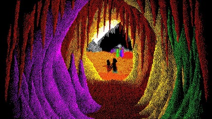 Poster - Colorful cave scene with figures in a pixel art style.