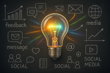Poster - Illuminating Insights: A brilliant light bulb glows brightly, surrounded by a chalkboard-style network of social media icons. The scene radiates creativity and sparks for innovative communication.