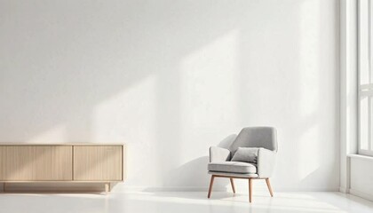 Poster - Minimalist interior design with an armchair and cabinet in a modern bright room