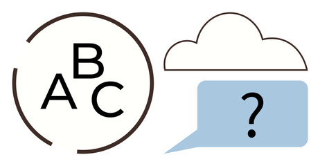 Poster - ABC letters in a broken circle beside a speech bubble with a question mark and cloud outline. Ideal for communication, learning, problem-solving, education, brainstorming, ideas, metaphors. A simple