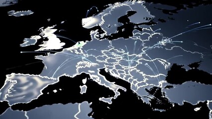 Poster - Blue Animated Europe Map Displaying Global City Connections On Black Background