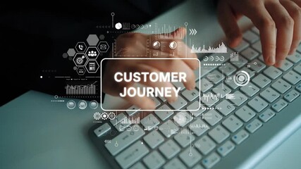 Poster - Hands Typing on Keyboard with Customer Journey Concept and Data Visualization Elements in Modern Workspace. Asymptotic smart data analytic.