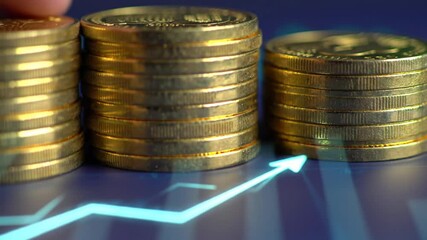 Poster - Gold Coin Stacks with Upward Arrow on Blue Background Symbolizing Financial Growth And Investment