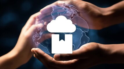 Poster - Hands Holding Globe with Cloud Icon Representing Global Data Storage in Dark Blue Background