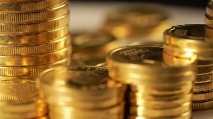 Poster - Stacks of Gleaming Gold Coins on a White Background Emphasizing Financial Wealth and Investment with Metallic Texture