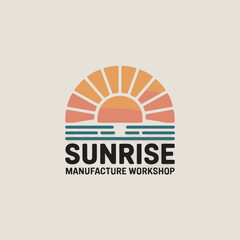 Poster - Artistic sunrise logo design featuring a sunset sun over ocean waves for a manufacturing workshop branding identity