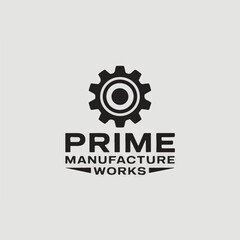 Poster - Prime manufacture works logo in black featuring a gear symbol vector illustration on a light grey background