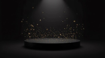 Fototapete - Black podium or pedestal display on dark background with cylinder stand and silver ring concept. Blank product shelf standing backdrop. 3D rendering 