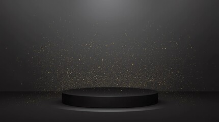 Fototapete - Black podium or pedestal display on dark background with cylinder stand and silver ring concept. Blank product shelf standing backdrop. 3D rendering 