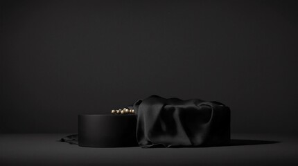 Fototapete - Abstract black product background stand or podium pedestal on luxury advertising display with blank backdrops. 3D rendering