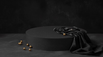 Fototapete - Abstract black product background stand or podium pedestal on luxury advertising display with blank backdrops. 3D rendering