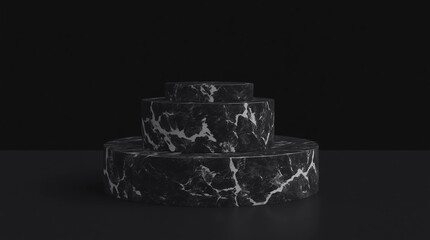 Fototapete - Black marble showcase product background stand or podium pedestal on dark display with luxury backdrops. 3D rendering
