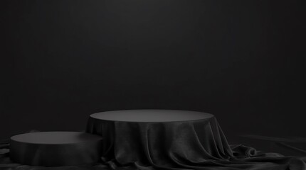 Fototapete - Black podium or pedestal display on dark background with cylinder stand and silver ring concept. Blank product shelf standing backdrop. 3D rendering 
