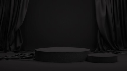 Fototapete - Black podium or pedestal display on dark background with cylinder stand and silver ring concept. Blank product shelf standing backdrop. 3D rendering 