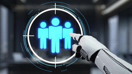 Poster - A futuristic robotic hand interacts with digital human icons on a global map, showcasing the intersection of technology and human connection in a modern workspace. Auvana