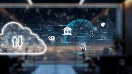 Poster - A robotic hand interacts with a cloud interface, surrounded by digital icons representing data management and analysis, in a sleek, modern office environment. Auvana