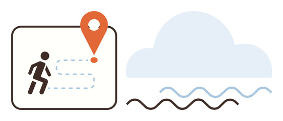 Poster - Person on a path toward orange destination marker, large cloud, and wavy lines suggesting water or terrain. Ideal for travel, adventure, nature, exploration, goal-setting, journey concepts simple