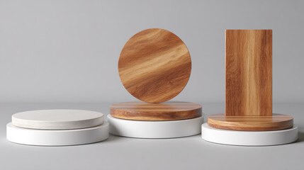 Aufkleber - 3D rendering of three podiums with wooden tops and white surfaces. on grey background in a minimalist style. 3d illustration.