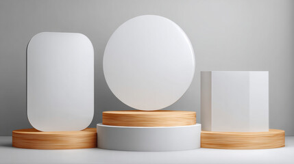 Aufkleber - 3D rendering of three podiums with wooden tops and white surfaces. on grey background in a minimalist style. 3d illustration.