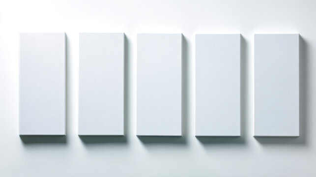 5 blank white canvases on wall. Blank picture frames isolated on white background. Mock up, 3D Rendering. 3d illustration.
