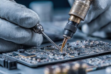 Poster - Gloved hands repair a computer circuit board with specialized equipment. It can illustrate electronics repair, tech support, or IT infrastructure.