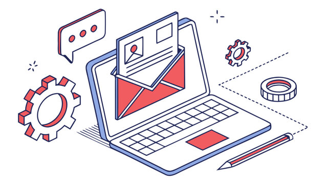 Email marketing campaign on laptop with message and gears for business promotion and communication online
