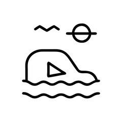 Poster - A simple line drawing of a rock formation with a triangle inside and waves under it with a sun above it