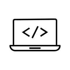 Fototapete - Laptop displaying coding symbols in black and white outline style for software development concept use