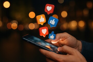 Poster - Digital Connection: Hands are holding the smartphone, with interactive icons representing likes and hearts hovering, illustrating the vibrant landscape of social media engagement.