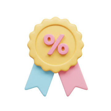 Cute 3d rendered award ribbon with a percentage symbol in pastel colors isolated on transparent background
