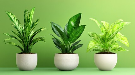 Fototapete - A soft green background complementing three unique potted houseplants