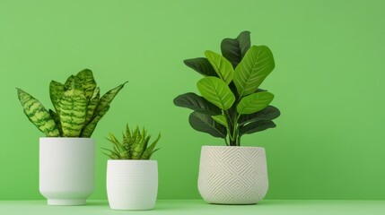 Fototapete - A soft green background complementing three unique potted houseplants