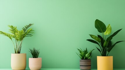 Fototapete - A soft green background complementing three unique potted houseplants