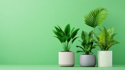 Fototapete - A soft green background complementing three unique potted houseplants