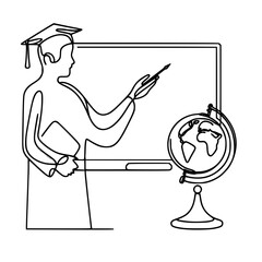 Poster - Teacher pointing at chalkboard with globe in single line outline vector school  