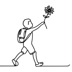 Poster - Child walking with a flower and backpack in a minimal outline style Concept of single line outline vector school  
