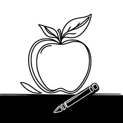 Aufkleber - Outline of an apple and pencil on a desk in black and white  