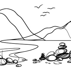 Poster - Minimalist landscape with rocks and mountains in single line design  